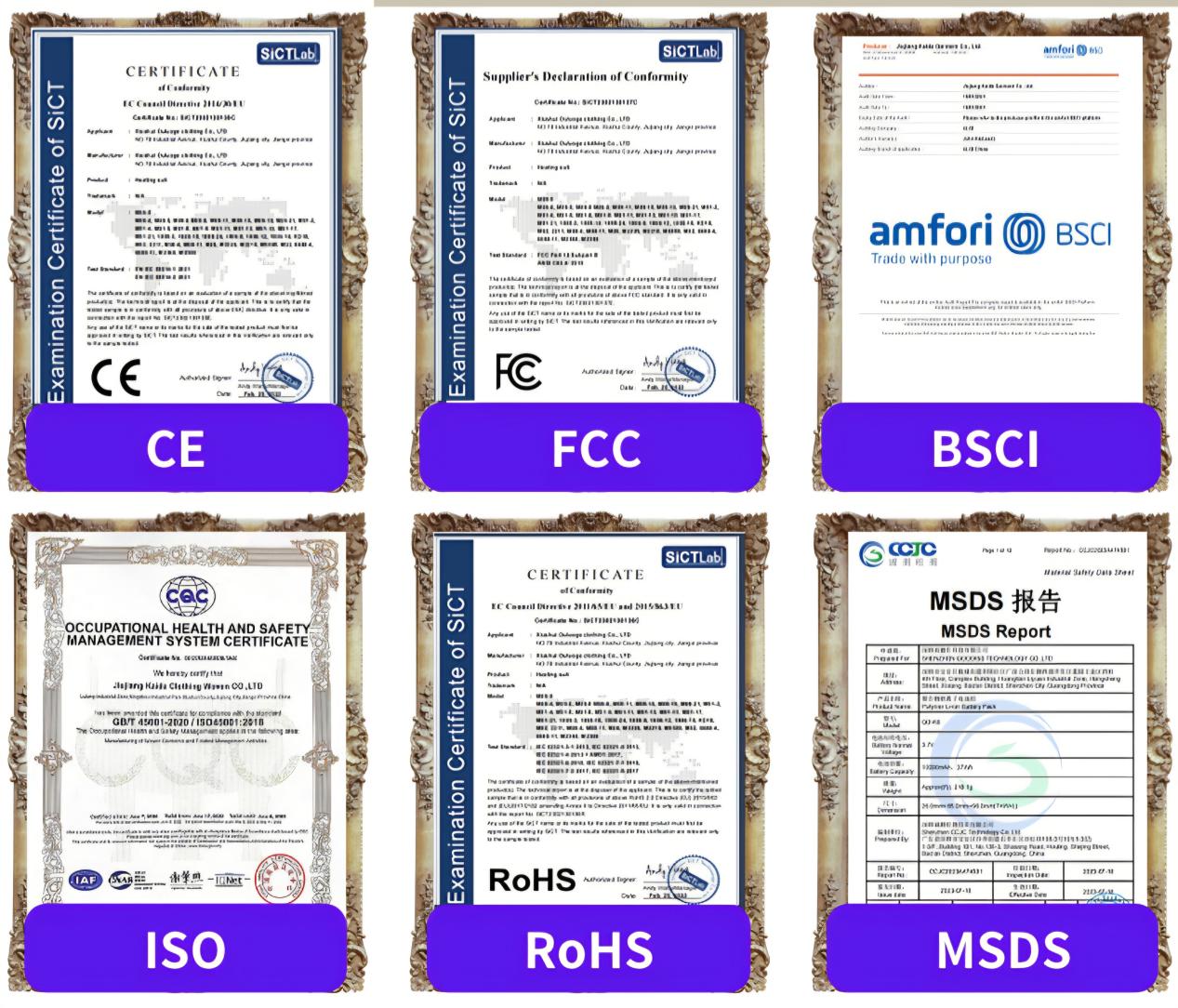 CE, FCC, BSCI, ISO, RoHS, MSDS certification collage