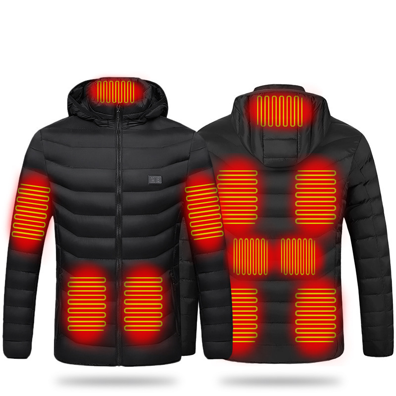 11-zone heated down jacket showcasing wide heating coverage