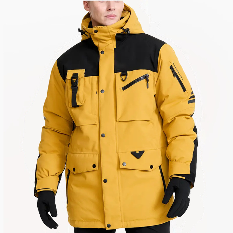 Army green outdoor parka with multiple pockets and hooks